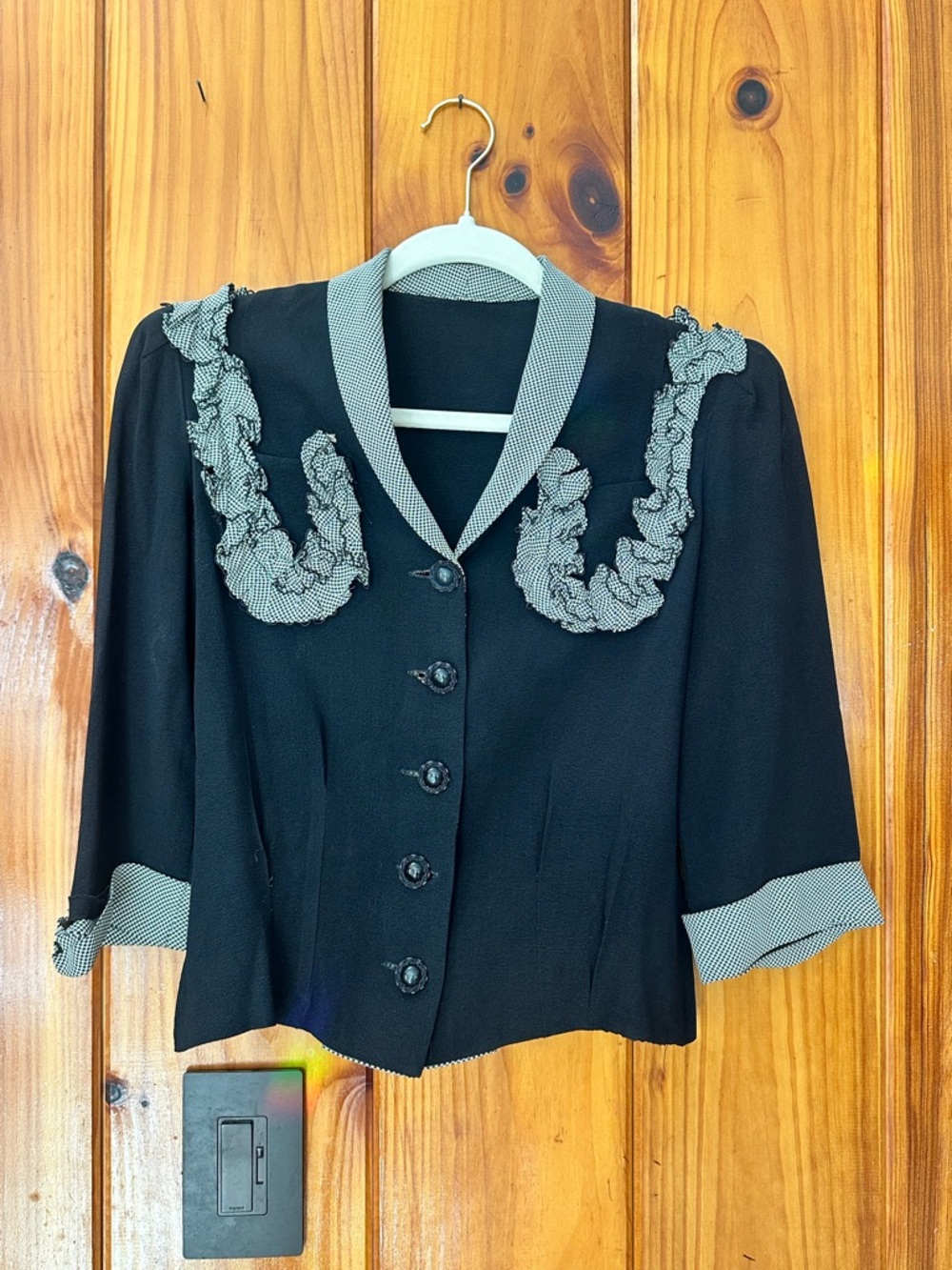 TRUE VINTAGE PIECE.  50’s Black Ruffle-Trim Women’s top